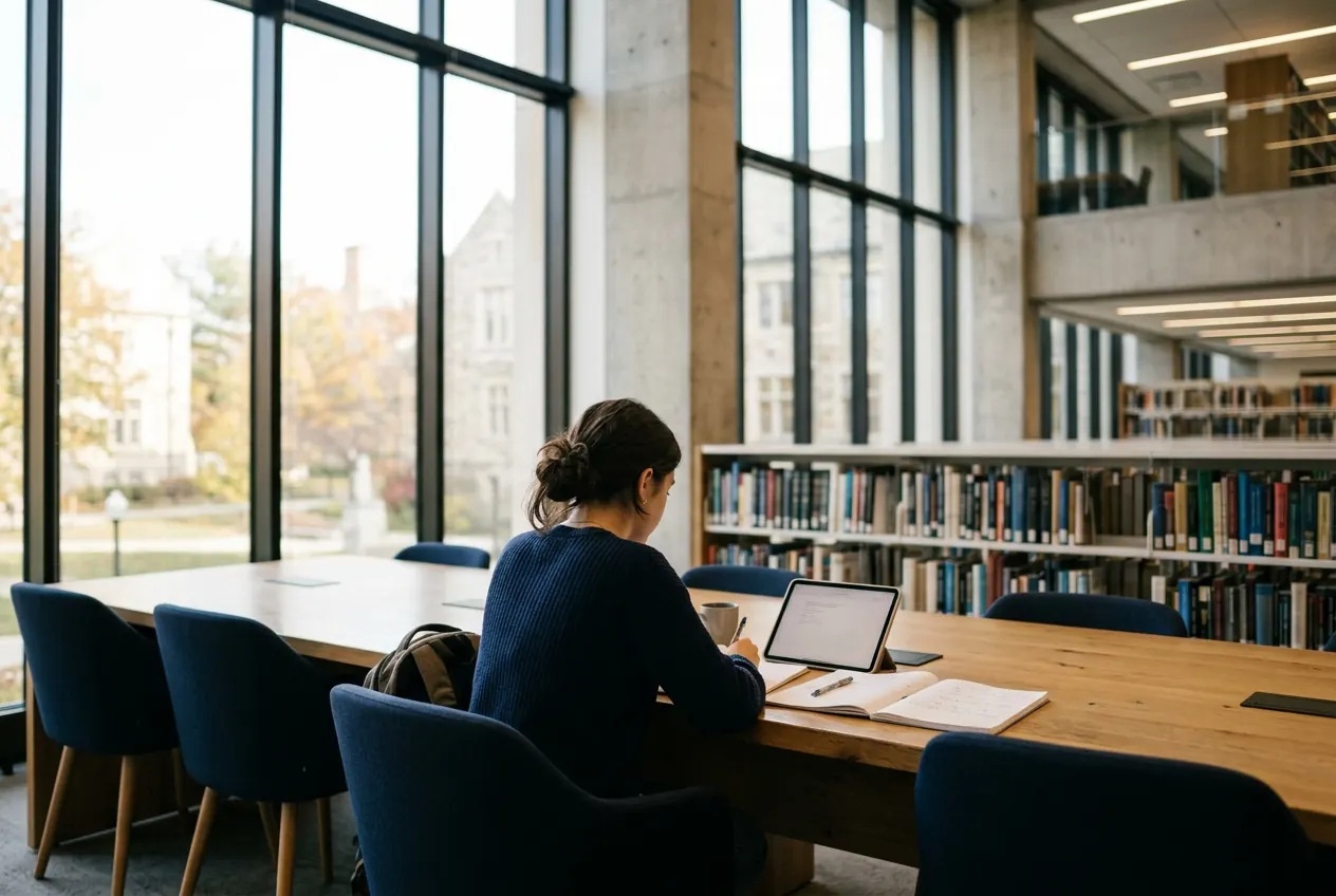 Student reading at a long table in a quiet library
